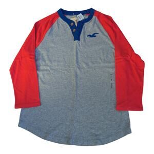 HCO Hollister Pullover Top Mens Medium Gray Red Knit Henley Baseball Tee New